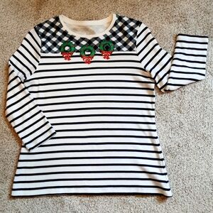 Kim Rogers Christmas Top 3/4 Sleeve Blue White Sz P/S Sparkly Green Wreaths